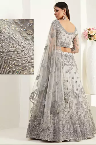 Grey Net With Silk Satin Thread Work Wedding Lehenga