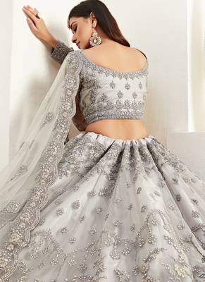 Grey Net With Silk Satin Thread Work Wedding Lehenga 4
