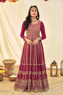 Pink Embroidered Georgette Stitched Anarkali Suit Up To 42" Size 1