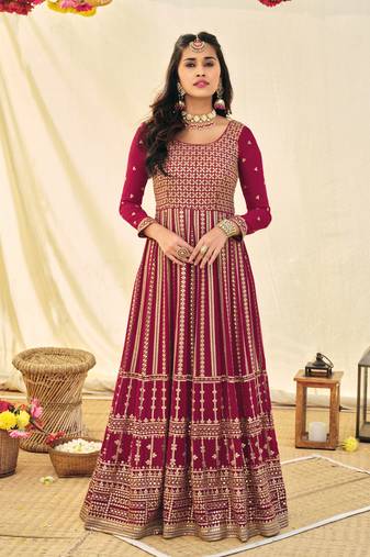 Pink Embroidered Georgette Stitched Anarkali Suit Up To 42" Size