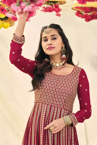 Pink Embroidered Georgette Stitched Anarkali Suit Up To 42" Size