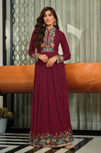 Maroon Embroidered Georgette Stitched Anarkali Suit Free size full stitched Up To 42" Size