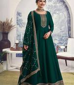 Green colour heavy zari embroidery work silk georgette fabric designer anarkali dress