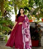 Girlish looking fancy wine colour designer gown with floral dupatta