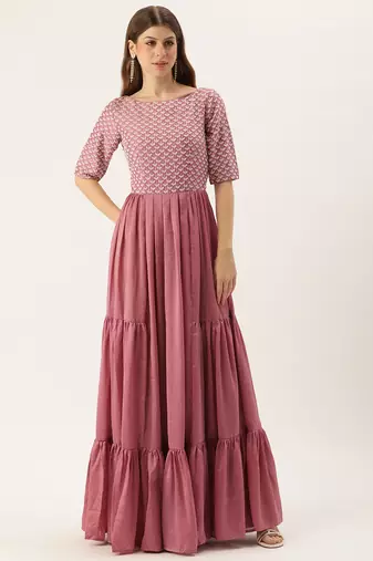 Ethnovog ready to wear mauve embroidered art silk tiered gown