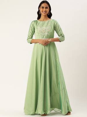 Ethnovog ready to wear green art silk embroidered patch style gown 5