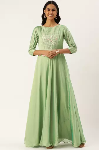 Ethnovog ready to wear green art silk embroidered patch style gown