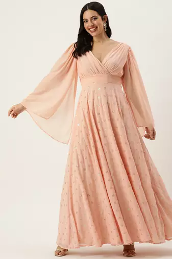 Ethnovog ready to wear peach embroidered georgette overlapped gown