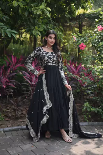Black colour looking girlish partywear gown with dupatta