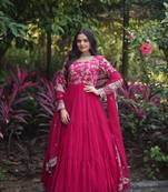 Pink colour ethnic looking girlish partywear gown with dupatta