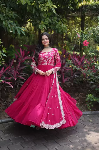 Pink colour looking girlish partywear gown with dupatta