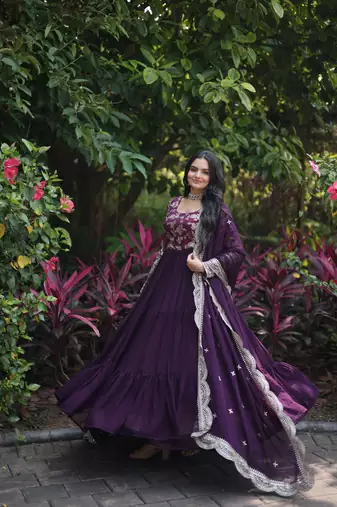 Wine colour looking girlish partywear gown with dupatta