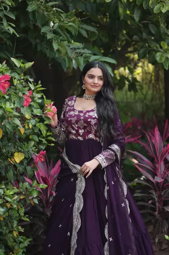 Wine colour looking girlish partywear gown with dupatta