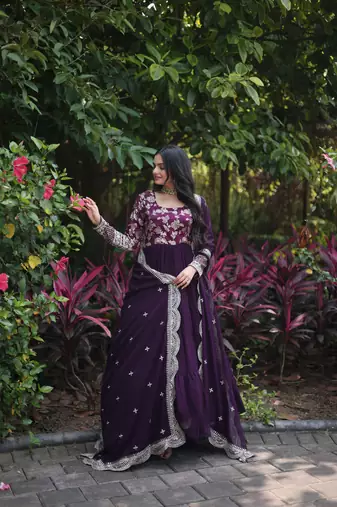 Wine colour looking girlish partywear gown with dupatta