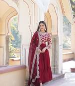 Maroon colour ethnic looking girlish partywear gown with dupatta