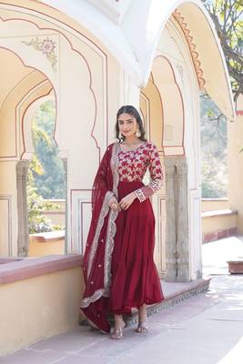 Maroon colour ethnic looking girlish partywear gown with dupatta 5