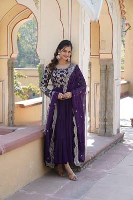 Purple colour ethnic looking girlish partywear gown with dupatta 1