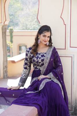 Purple colour ethnic looking girlish partywear gown with dupatta 4