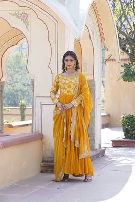Yellow colour ethnic looking girlish partywear gown with dupatta 4