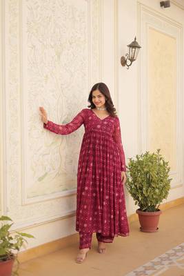 Designer and graceful wine colour long kurti with bottom for festive looks 5