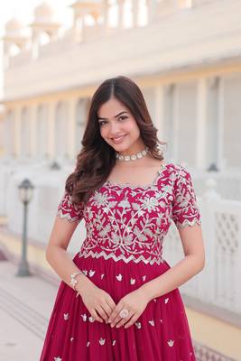 Sophesticated pink colour ethnic rich looks gown for party looks 4