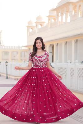 Sophesticated pink colour ethnic rich looks gown for party looks 5