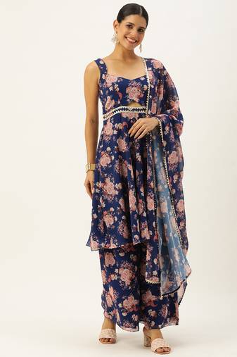 Ethnovog ready to wear blue georgette printed palazzo suit