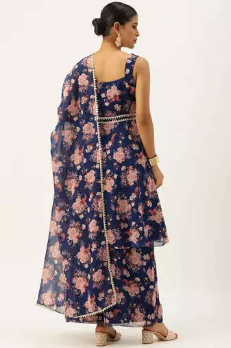 Ethnovog ready to wear blue georgette printed palazzo suit