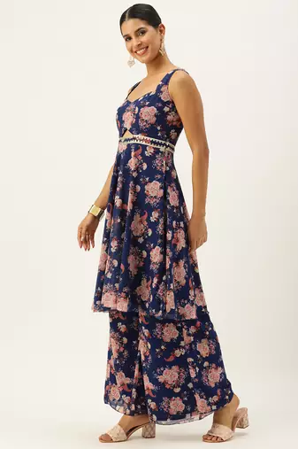 Ethnovog ready to wear blue georgette printed palazzo suit