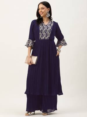 Ethnovog ready to wear navy blue embroidered kurta sets 1