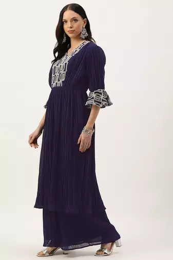 Ethnovog ready to wear navy blue embroidered kurta sets