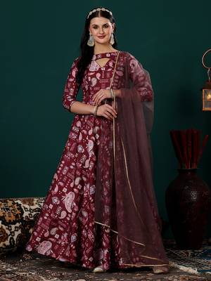 Ethnovog ready to wear maroon n peach printed kota silk anarkali suit 1