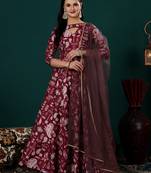 Ethnovog ready to wear maroon n peach printed kota silk anarkali suit