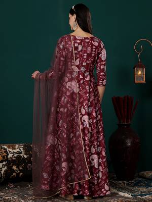 Ethnovog ready to wear maroon n peach printed kota silk anarkali suit 2