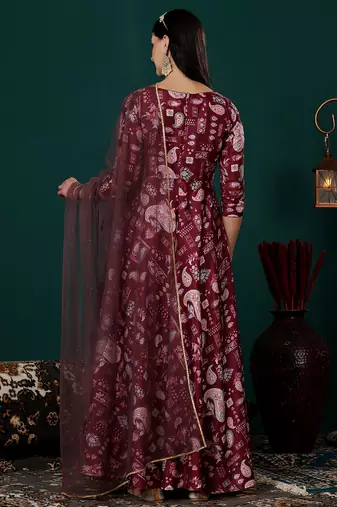 Ethnovog ready to wear maroon n peach printed kota silk anarkali suit
