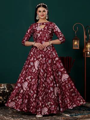 Ethnovog ready to wear maroon n peach printed kota silk anarkali suit 3