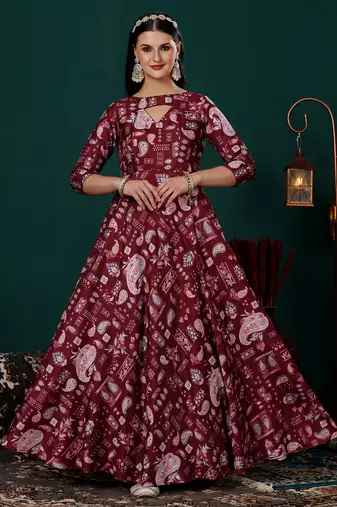 Ethnovog ready to wear maroon n peach printed kota silk anarkali suit