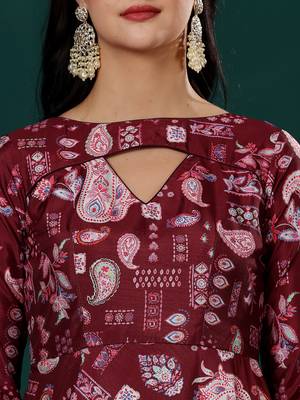 Ethnovog ready to wear maroon n peach printed kota silk anarkali suit 4