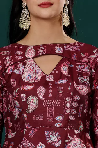 Ethnovog ready to wear maroon n peach printed kota silk anarkali suit