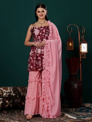 Ethnovog ready to wear maroon printed kota silk n pink georgette gharara set 1