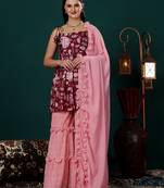 Ethnovog ready to wear maroon printed kota silk n pink georgette gharara set