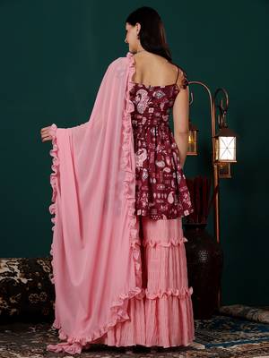Ethnovog ready to wear maroon printed kota silk n pink georgette gharara set 2