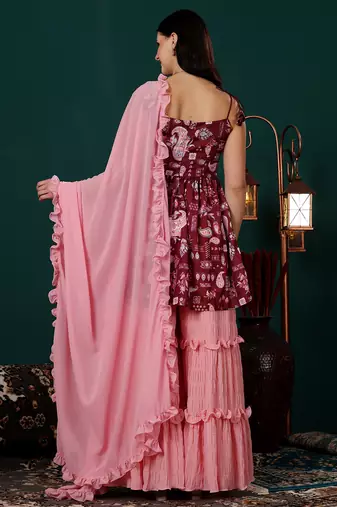 Ethnovog ready to wear maroon printed kota silk n pink georgette gharara set