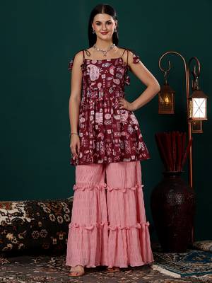 Ethnovog ready to wear maroon printed kota silk n pink georgette gharara set 3