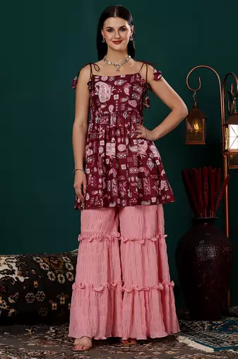 Ethnovog ready to wear maroon printed kota silk n pink georgette gharara set