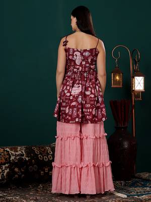 Ethnovog ready to wear maroon printed kota silk n pink georgette gharara set 4