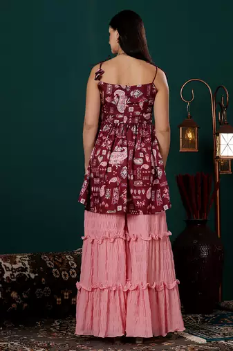 Ethnovog ready to wear maroon printed kota silk n pink georgette gharara set