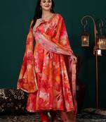 Ethnovog ready to wear multi color printed v neck style anarkali suit