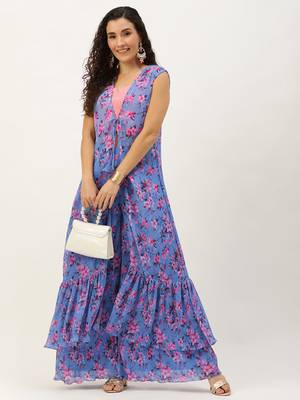 Ethnovog ready to wear blue pleated georgette printed jacket set 1