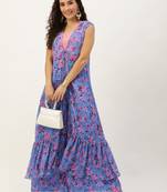 Ethnovog ready to wear blue pleated georgette printed jacket set